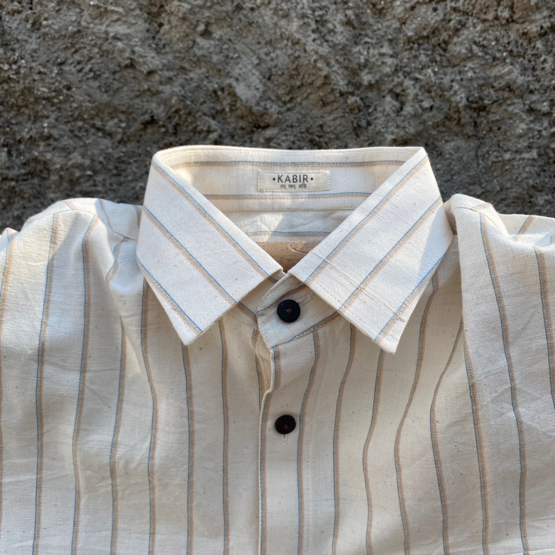 Saral 01/ Saadgi - Handloom, Natural dye, striped half sleeve shirt.